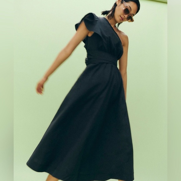 NWT Madewell Ruffled One-Shoulder Midi Dress black 0 - Picture 3 of 9